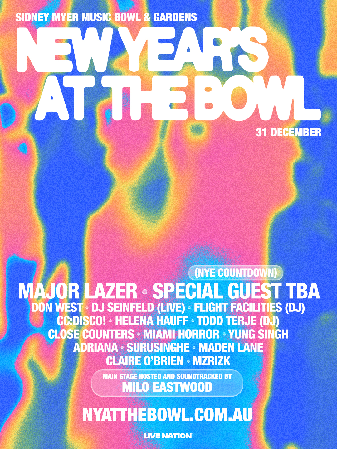 Official poster for New Year's at the Bowl concert at Sidney Myer Music Bowl, Melbourne, featuring Major Lazer on a vibrant thermal-style background.